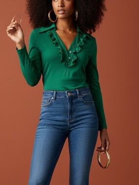 Vtg 70s ENKALURE Green Ruffle Bodysuit Sz M Dagger Collar Nylon Knit Disco Boho